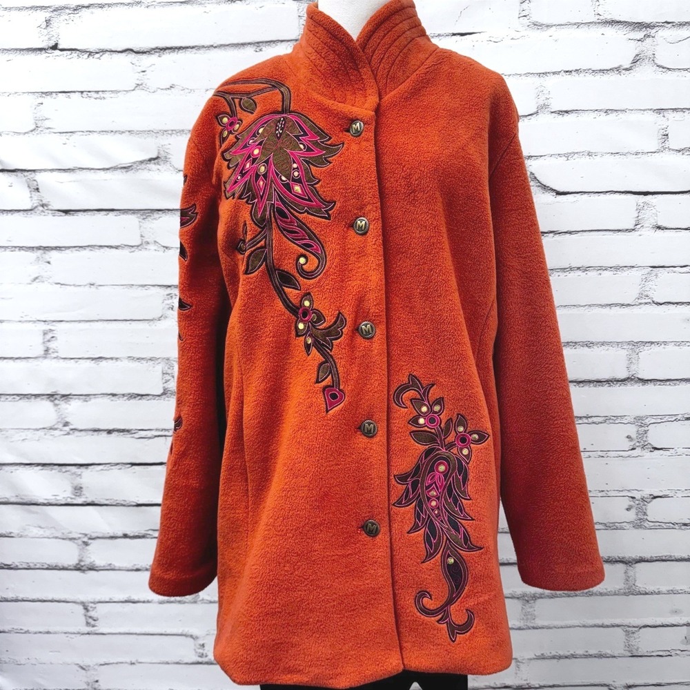 Bob Mackie Wearable Art Fleece Jacket Burnt Orange Floral Embroidered Womens L